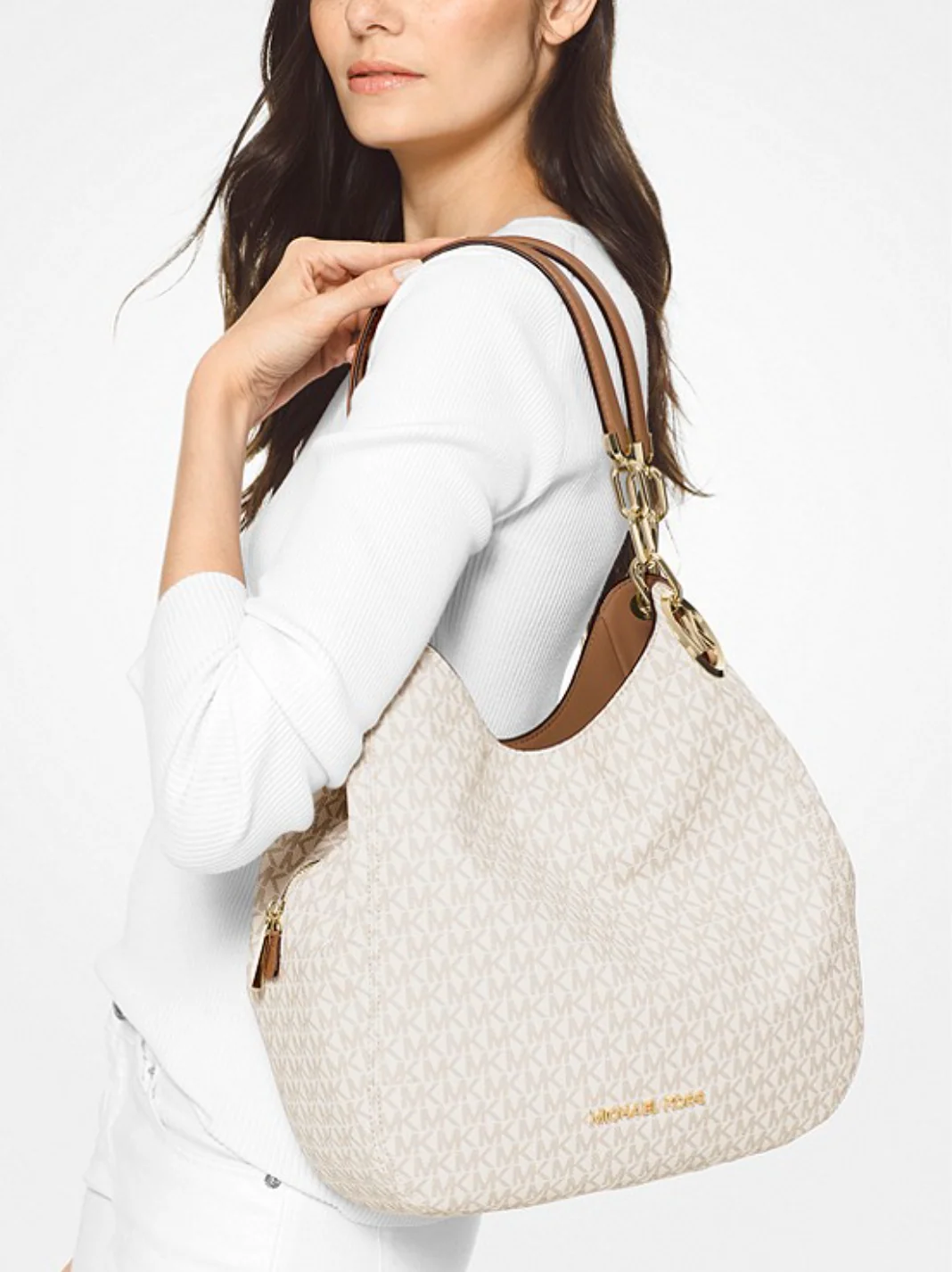 MICHAEL KORS Grand sac porté épaule Lillie en cuir grainé Vanille/Noisette – Image 5